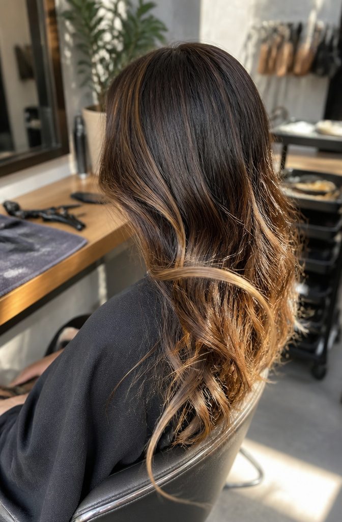 Fine gold strands woven through chocolate brown hair