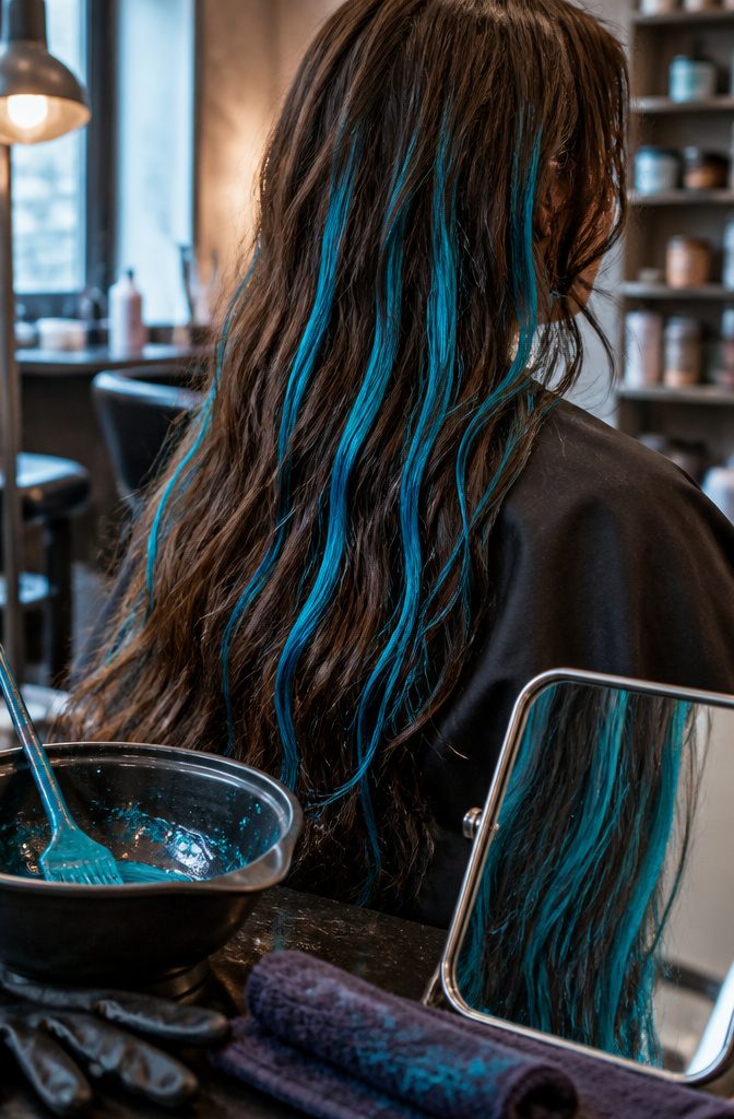 Bright turquoise streaks against rich brown hair
