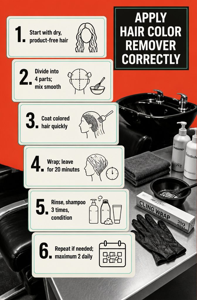 Hair color remover instructions with mixing and rinsing steps