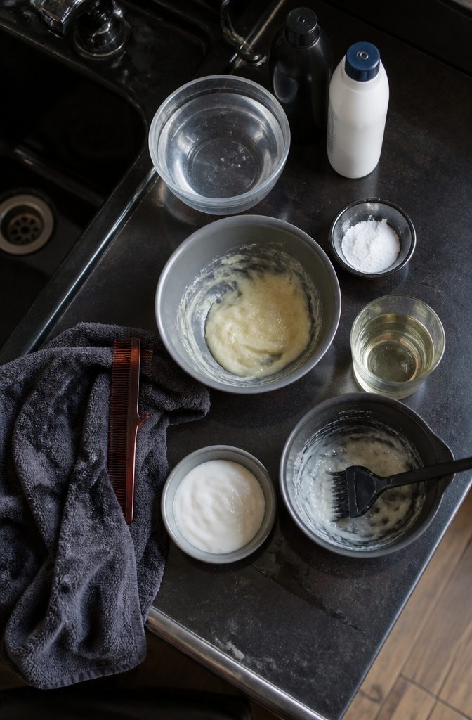 Hair color removal supplies arranged for an article about fading dye
