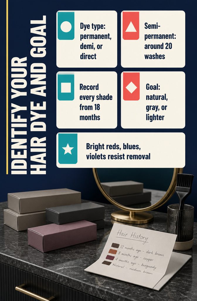 Hair dye guide with color categories and removal goals