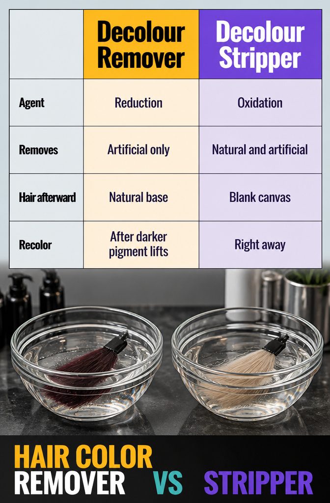 Hair color remover and stripper comparison with pigment effects