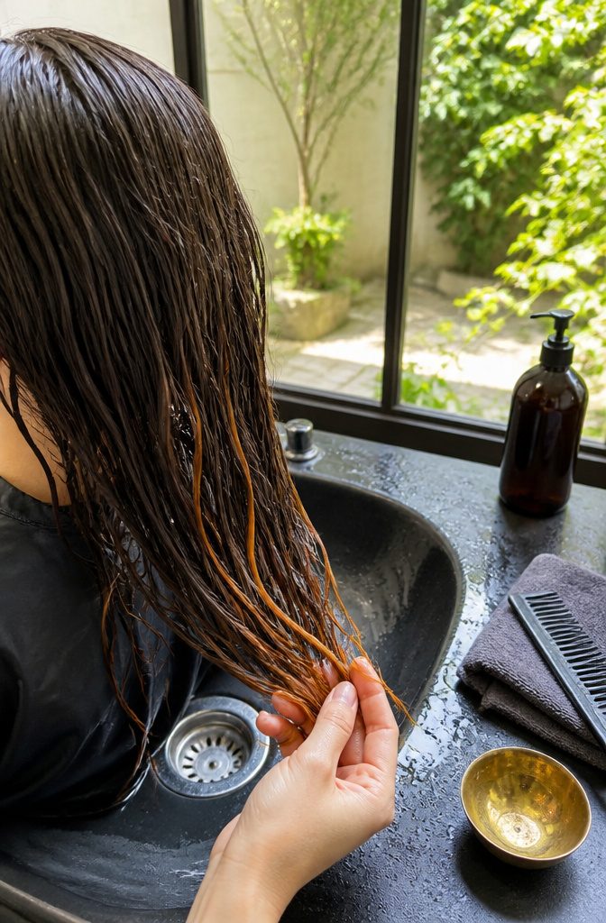 Rinsed hair displayed for checking the lifted color and remaining warmth