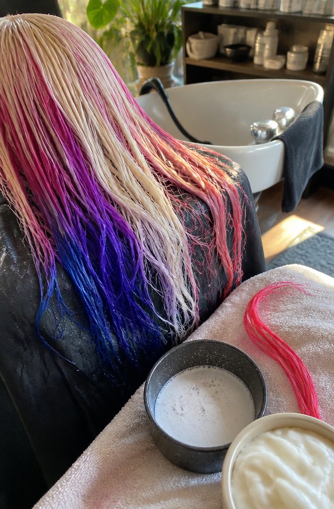 Bleached hair with uneven pink blue purple and red dye beside a lighter cleansed section