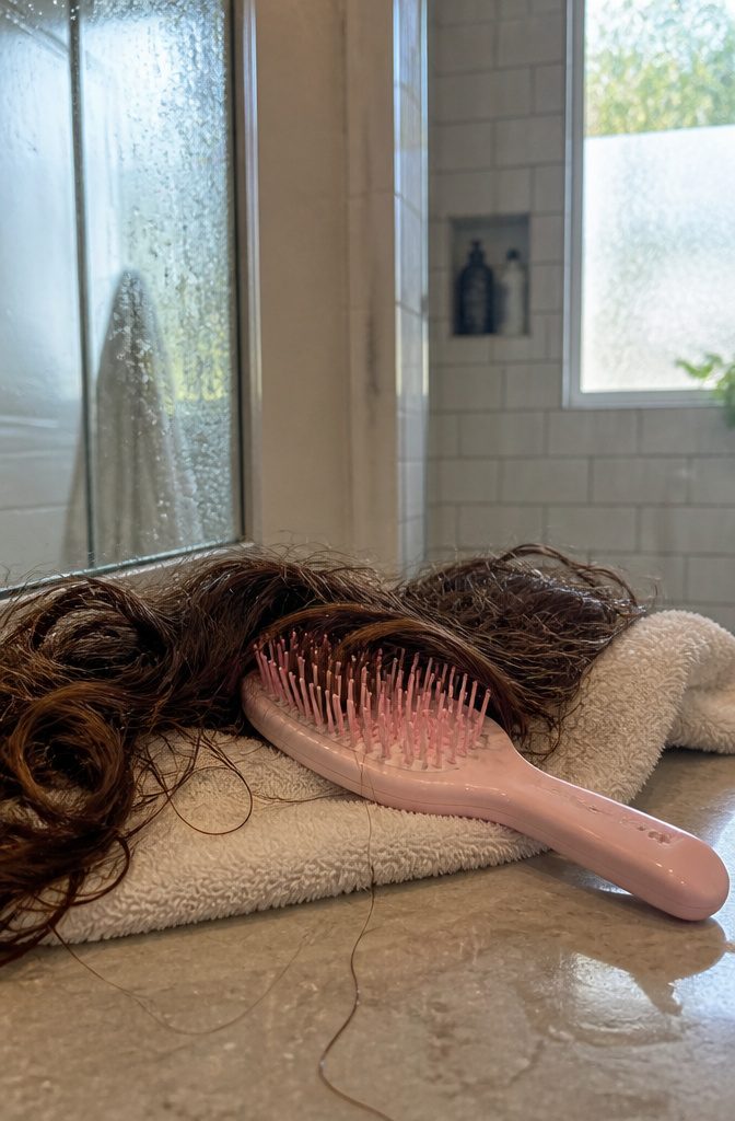 Ultimate Detangler resting against long wet hair with waves and curls