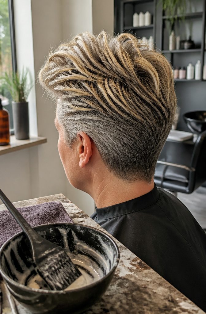 Light-colored quiff with highlighted strands and textured top
