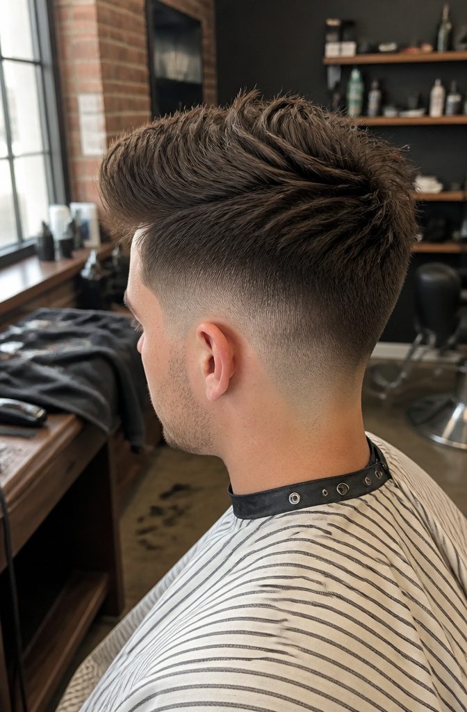 Textured quiff lifted at the front above short faded sides