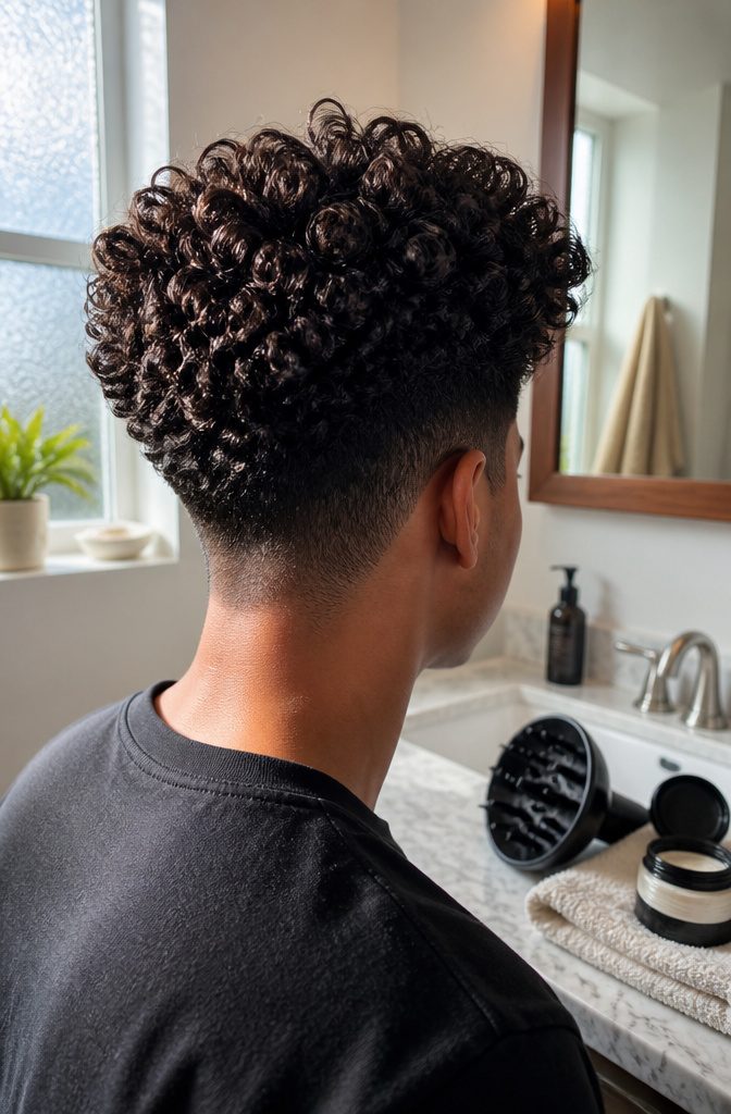 Curly quiff with defined top curls and close tapered sides