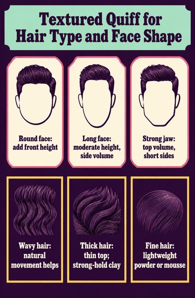 Quiff guide graphic matching hair types and face shapes with styling tips