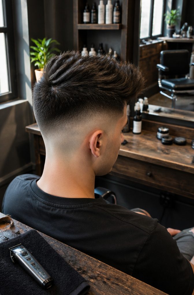 Quiff with near-bare sides and a high lifted top