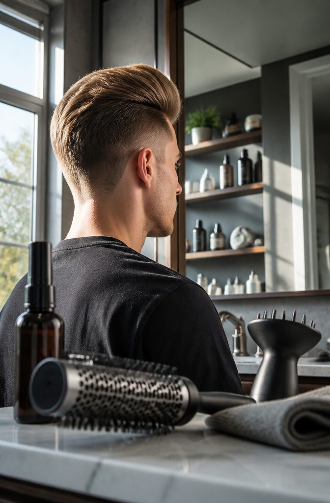 Long quiff with a tall swept-back front and close sides