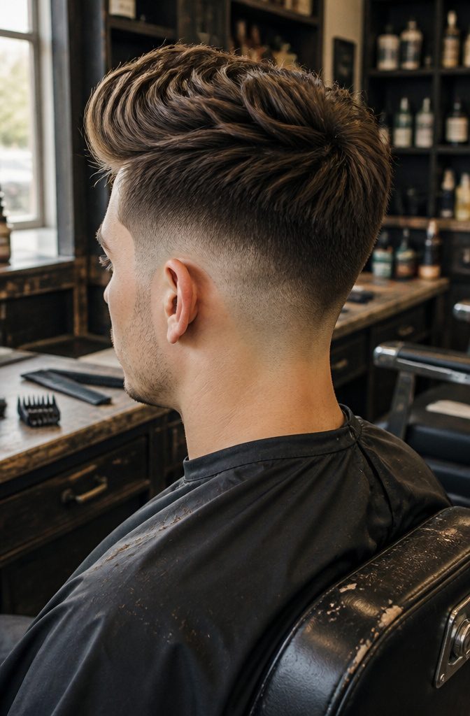 Quiff with a low fade starting just above the ears