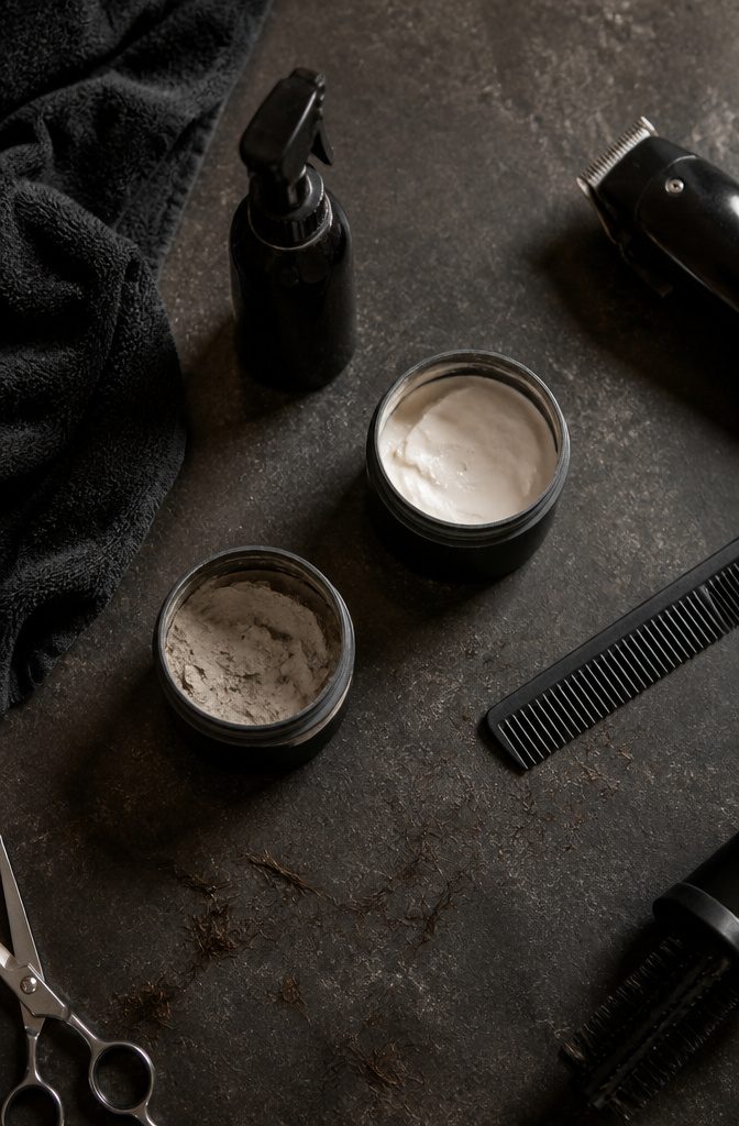 Hair product guide featuring clay paste powder salt spray cream and pomade
