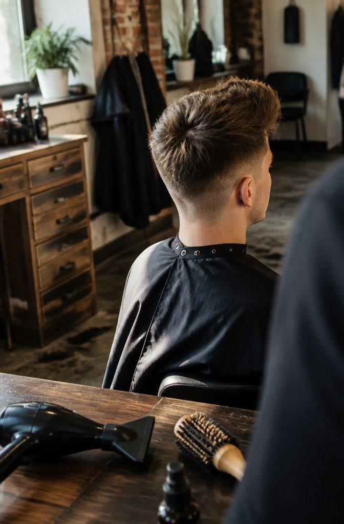Medium quiff swept upward over a textured crown and low taper