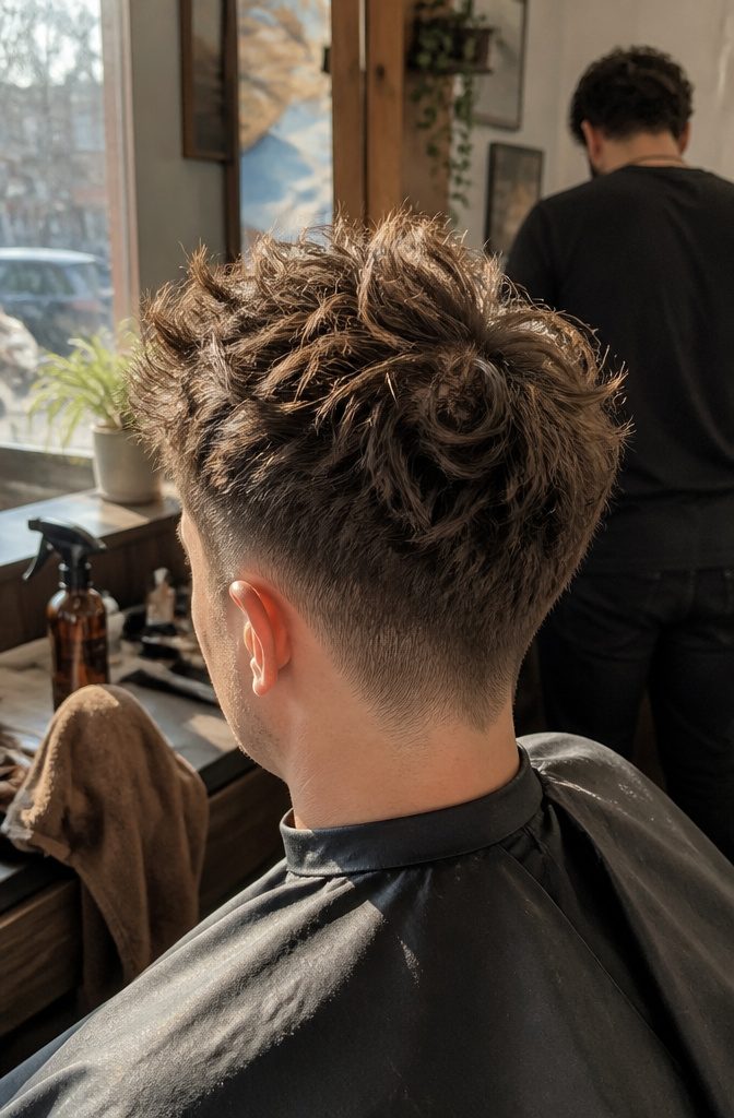Tousled quiff with twisted top pieces and a low fade