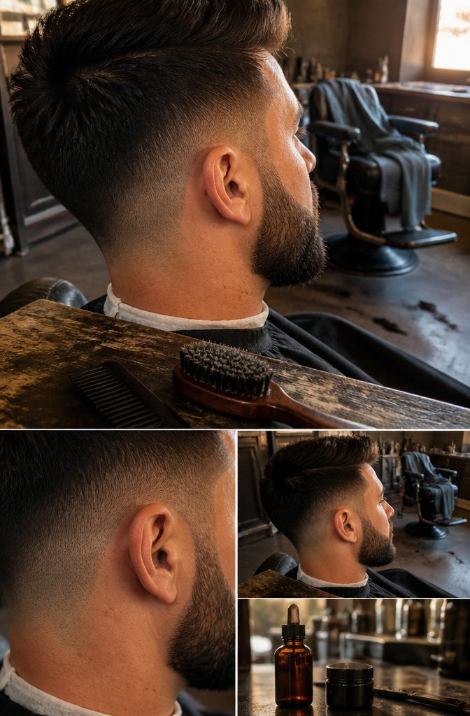 Quiff with faded sideburns blended into a neat beard