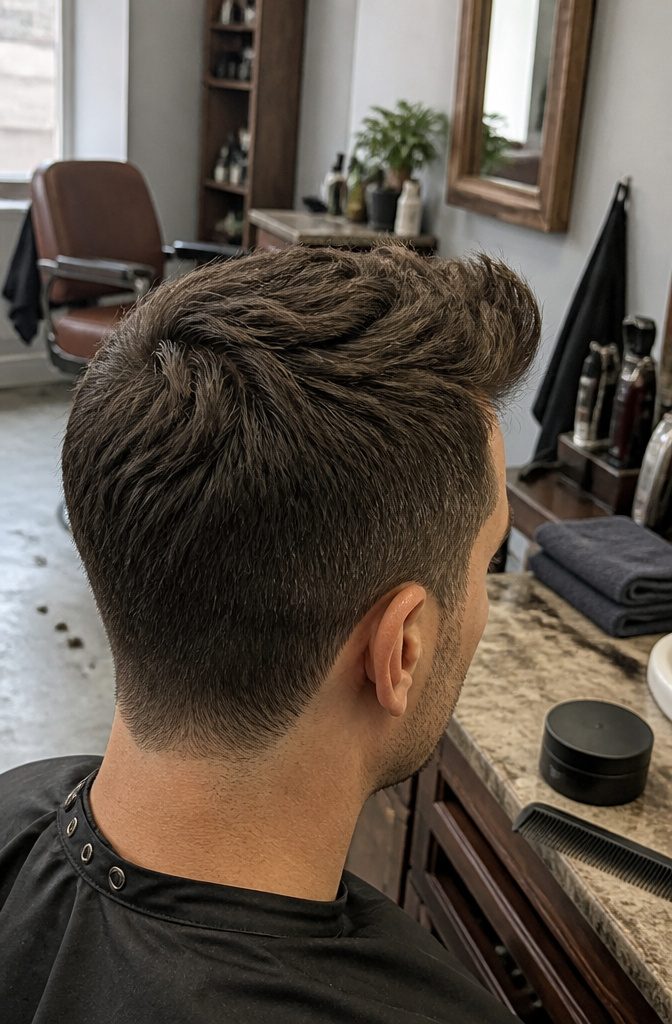 Textured quiff with forward-brushed corners and lifted center fringe