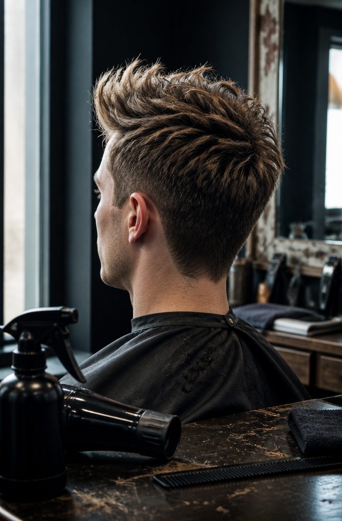 Straight quiff with point-cut choppy layers at the front