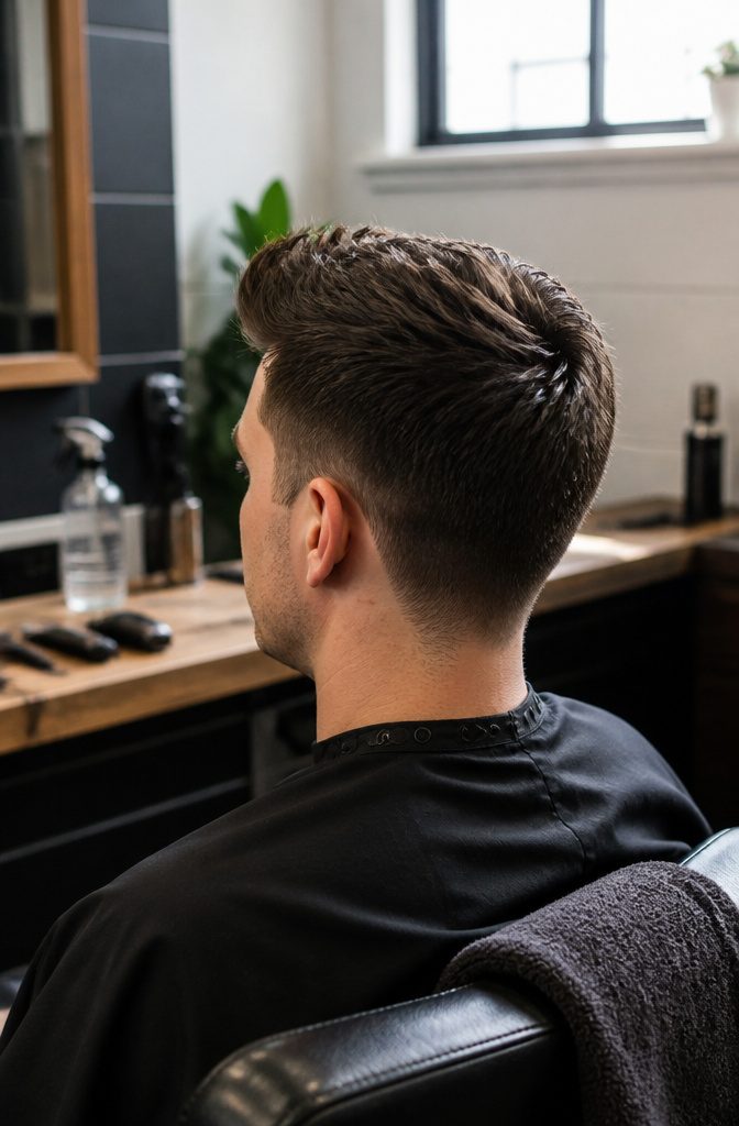 Short textured top lifted at the front with neat sides