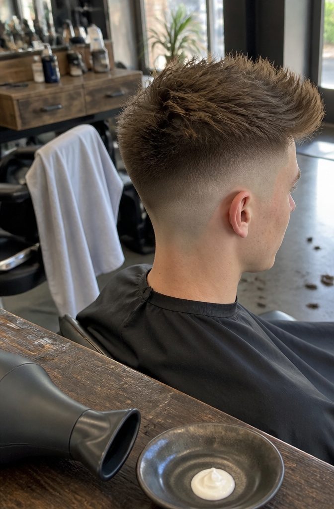 Spiky quiff with forward-pointing pieces and a skin fade