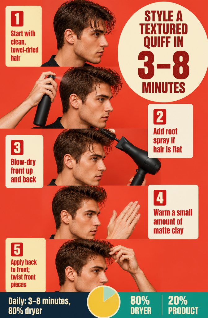 Quiff styling guide with numbered steps from damp hair to finished style