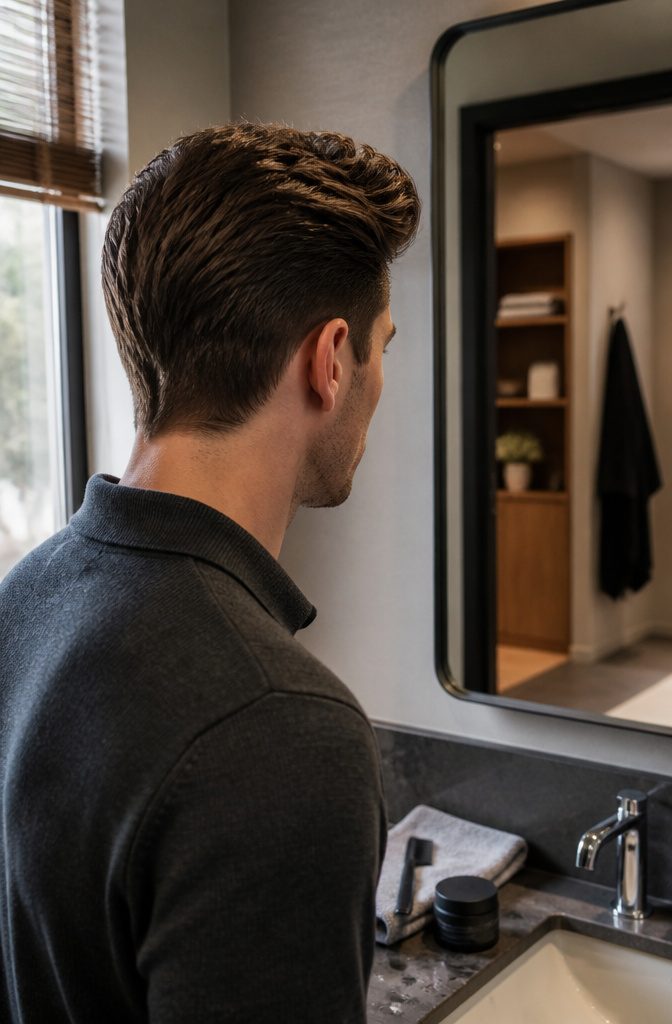 Textured quiff with soft sideburn and neckline tapers