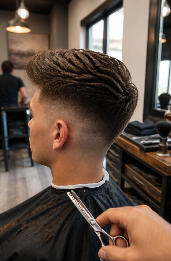 Thick quiff with a full lifted top and faded sides