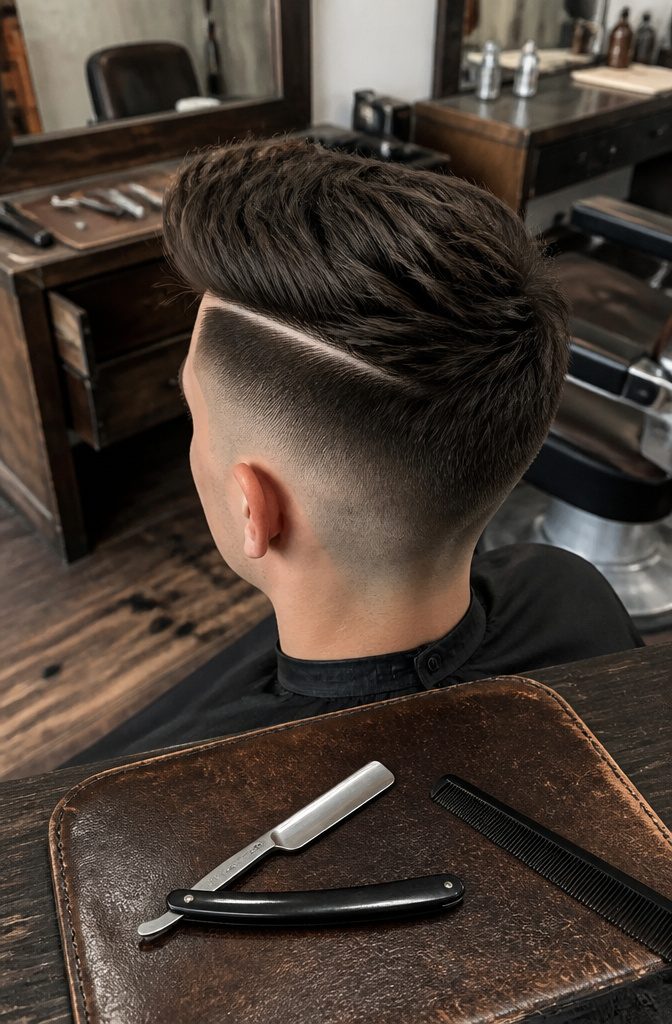 Quiff with a razored hard part and very short sides