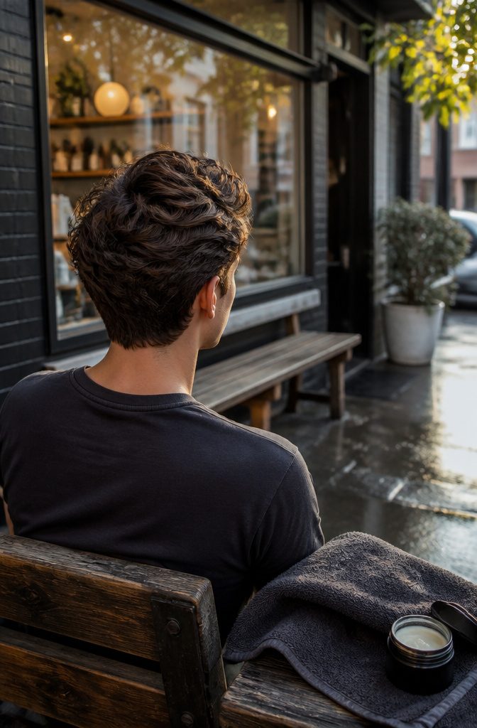 Wavy quiff with visible natural waves and layered crown