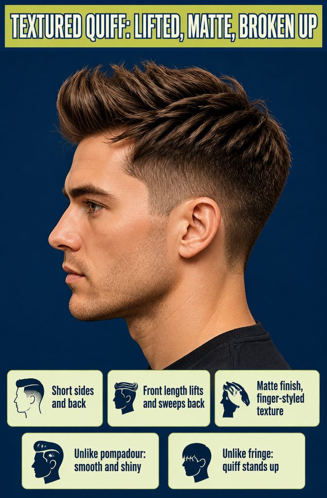 Textured quiff diagram labeled with lifted front and matte finish