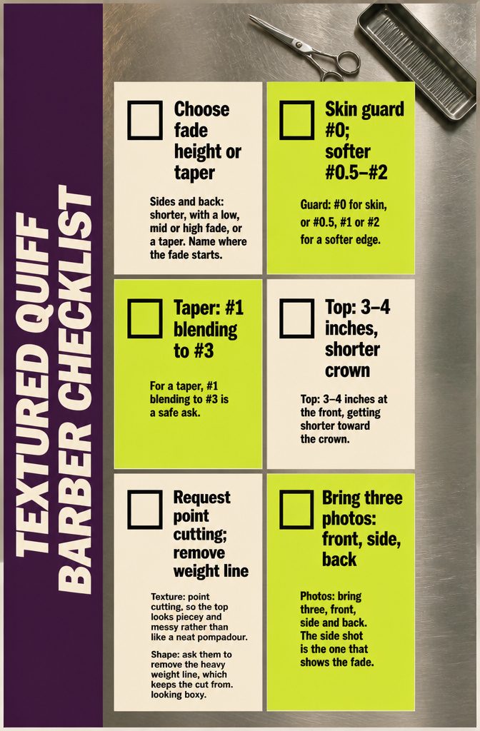 Barber checklist graphic with notes on sides top texture and photos