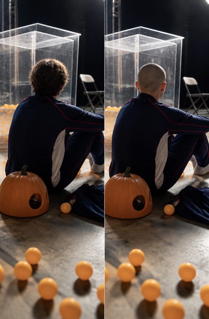 Timothée Chalamet with a shaved head and pumpkin-shaped helmet