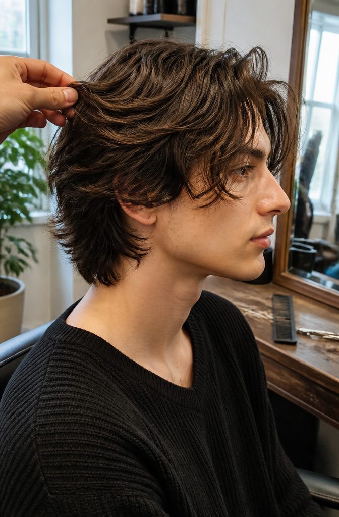 Timothée Chalamet with layered waves framing his face