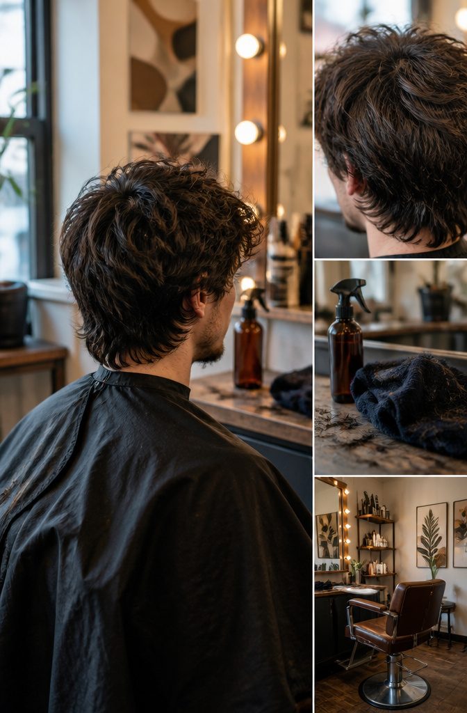 Timothée Chalamet with shaggy waves swept forward over his forehead