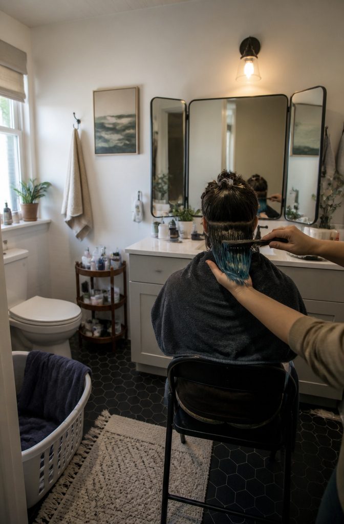 Friend helping apply hair dye to the back of a head