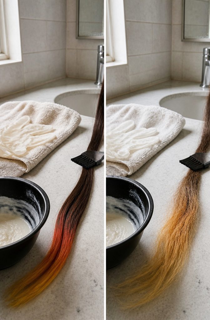 Bleached hair ends showing a light base before coloring