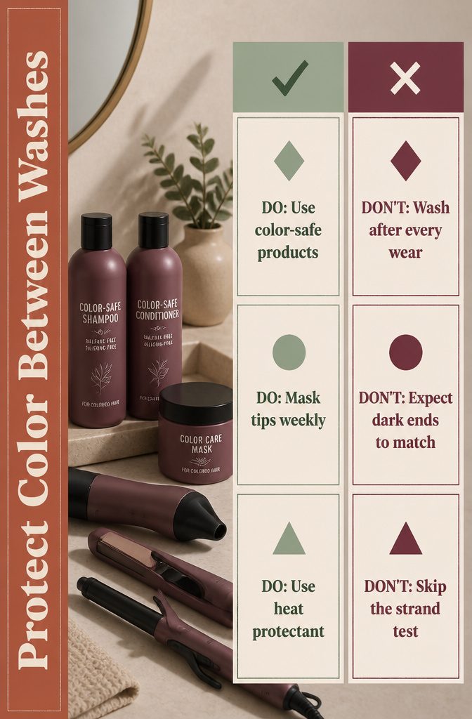 Color-treated hair ends beside shampoo conditioner and heat protectant