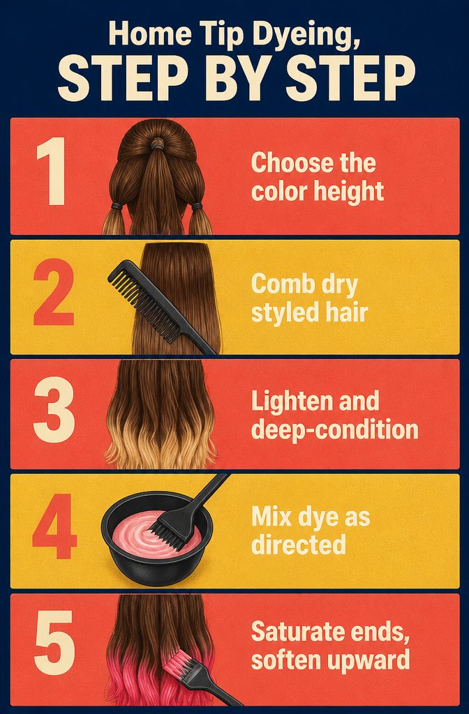 Tip dyeing steps with color brushed onto hair ends