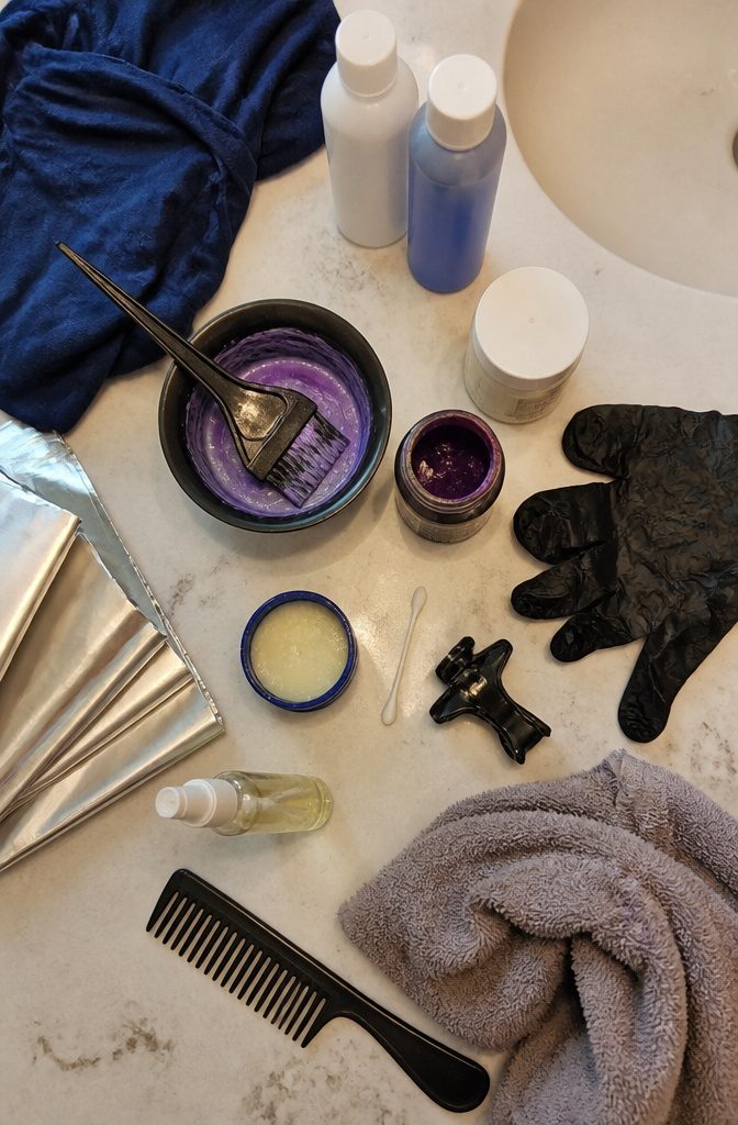Hair dye jar with gloves brush bowl comb and protective supplies