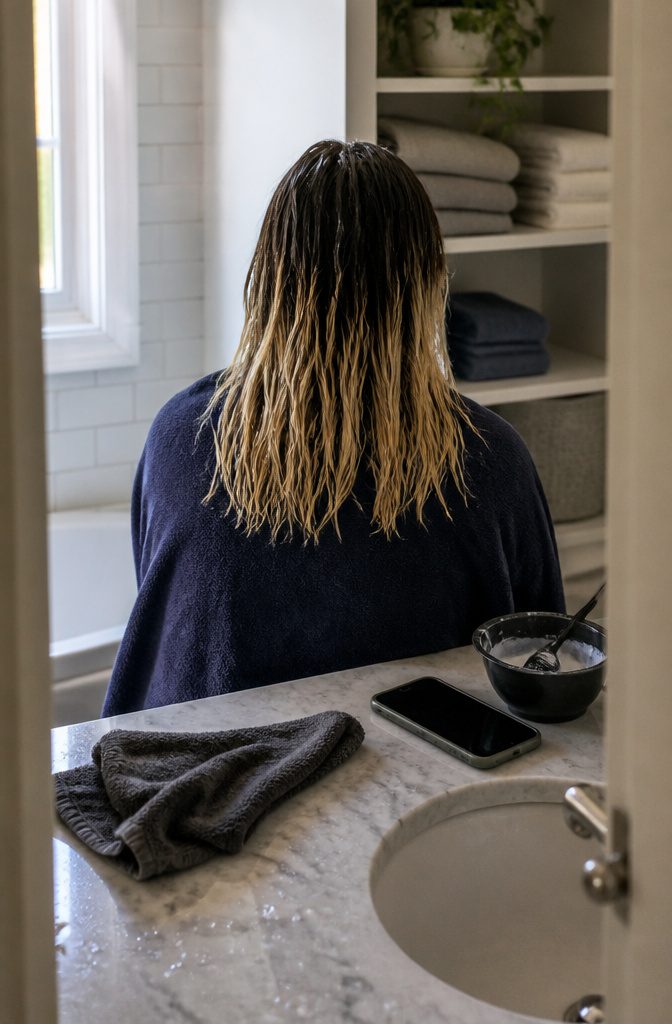 Stylist inspecting hair with colored ends during a salon consultation