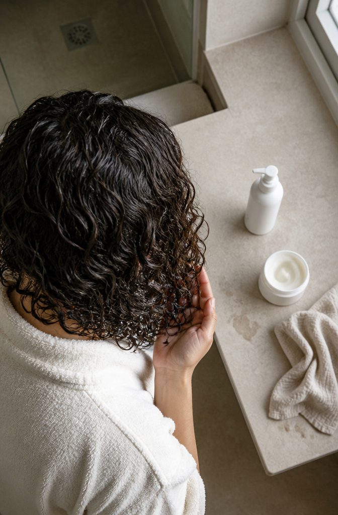Freshly washed curls with styling product being worked through the strands