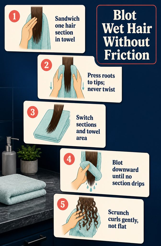 Illustrated steps for blotting wet hair with a towel without rubbing