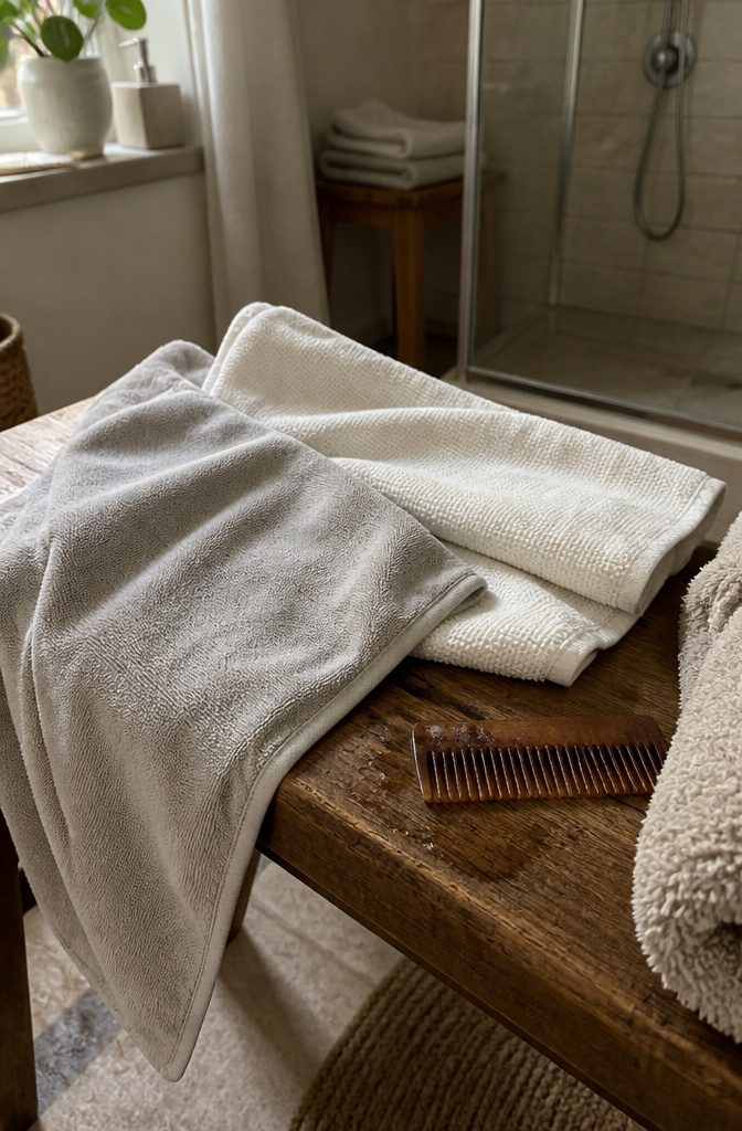Microfiber hair towel with soft folds beside tightly woven cotton towel