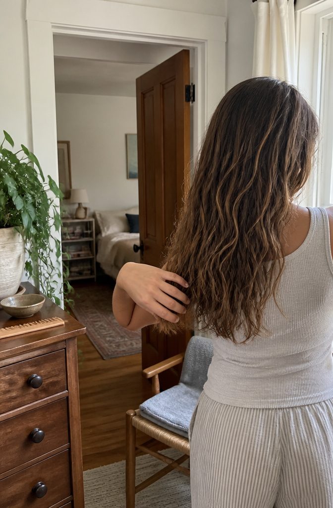 Back view of slightly wavy air-dried hair with a hand at the ends