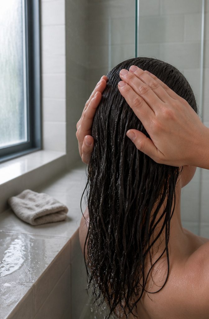 Hands smoothing wet hair from the front hairline toward the back
