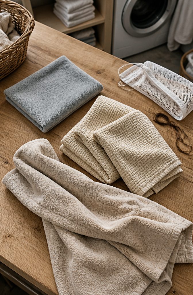 Seven hair towels arranged for comparison in different fabrics and styles