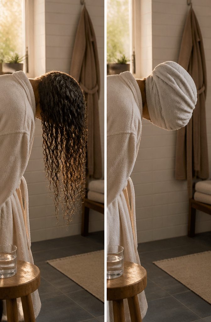 Wet hair gathered forward beneath a loosely twisted towel wrap