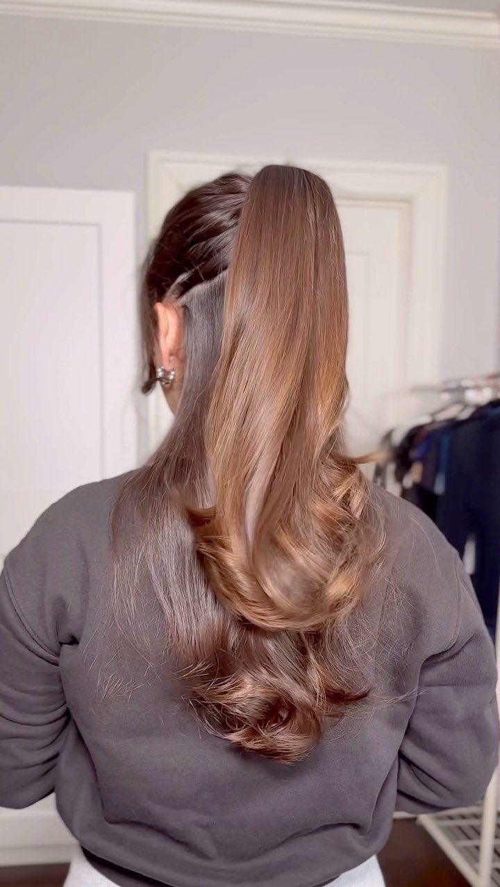 High brown ponytail with lifted crown, side braids, and curled ends