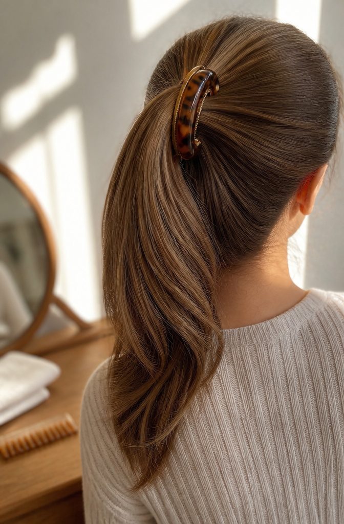 Curved banana clip holding a ponytail spread across the back of the head