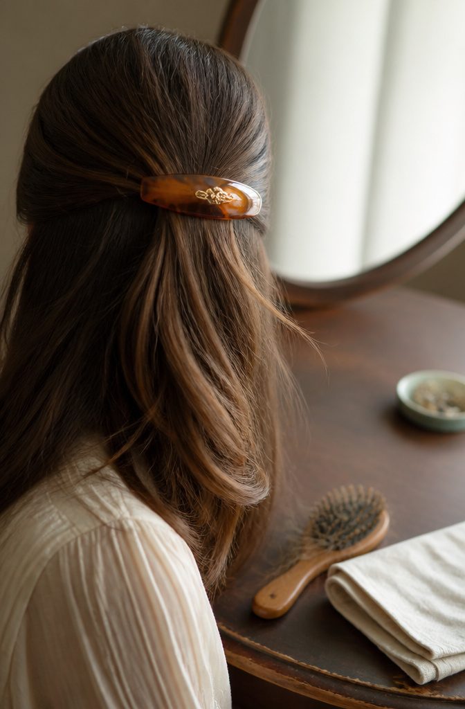 Decorative barrette securing gathered hair above loose lengths